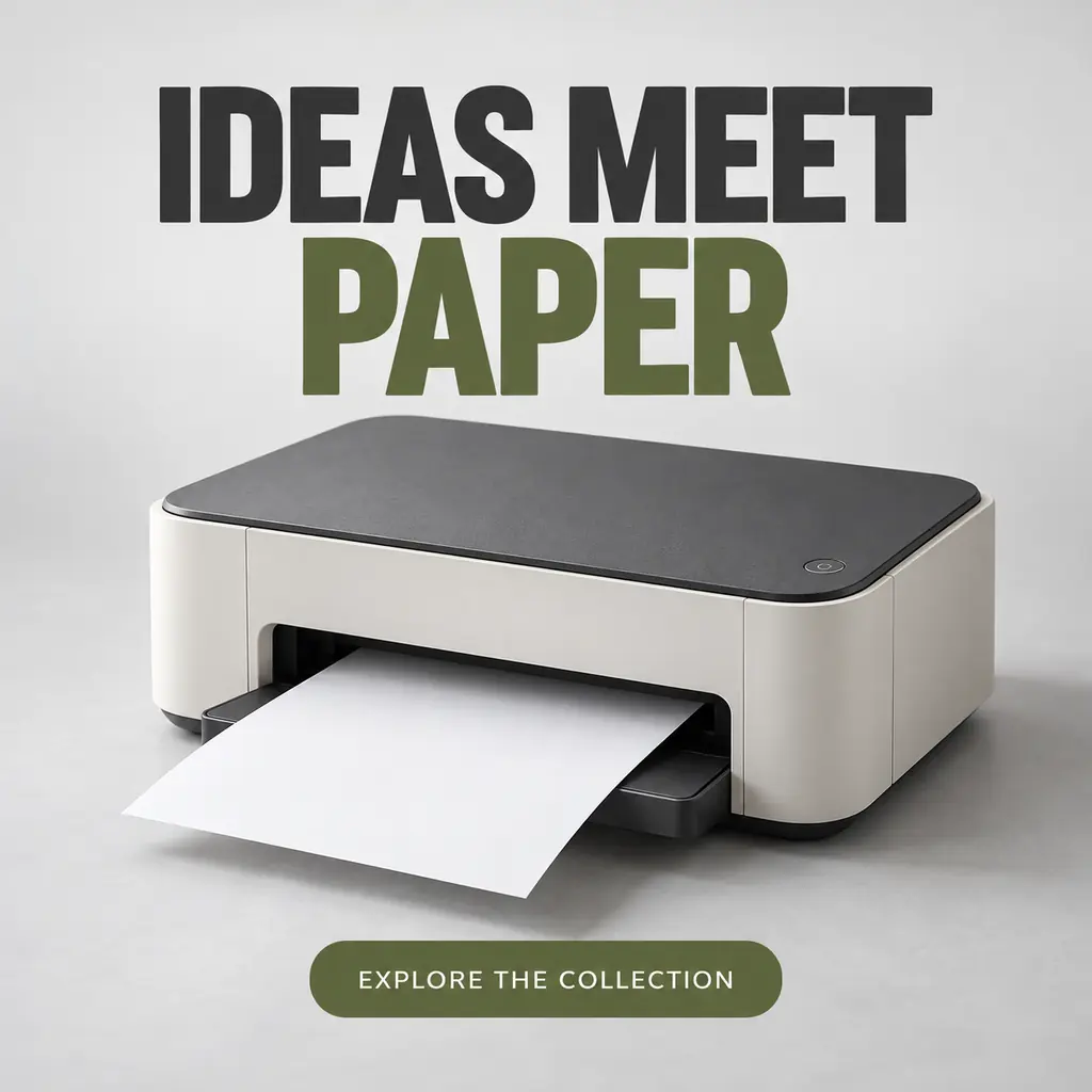 Original compact off-white printer ad with an ideas-to-paper headline and green CTA