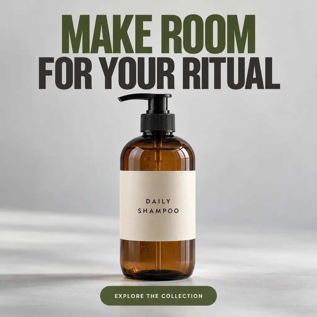 Original amber shampoo bottle ad on a gray studio background with a green CTA