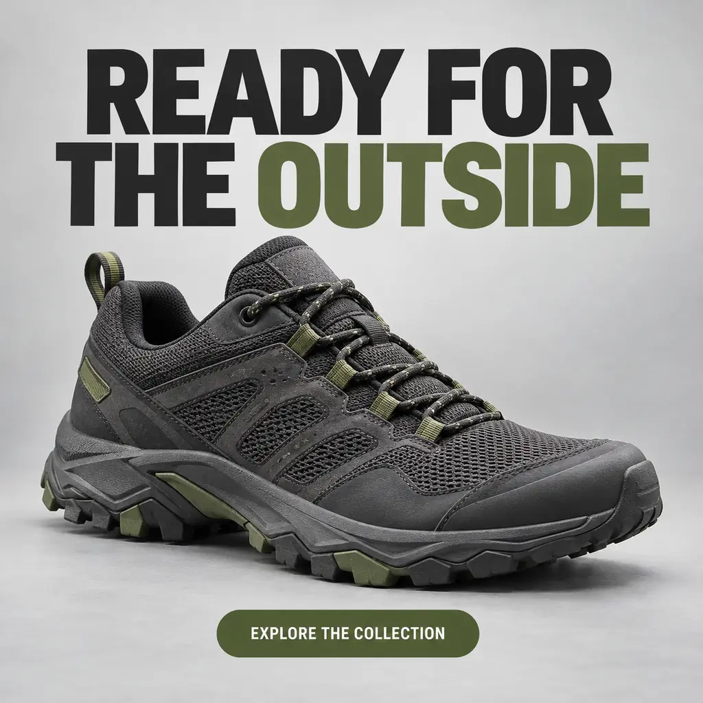 Original graphite trail-shoe ad with an outdoor headline on a gray studio background